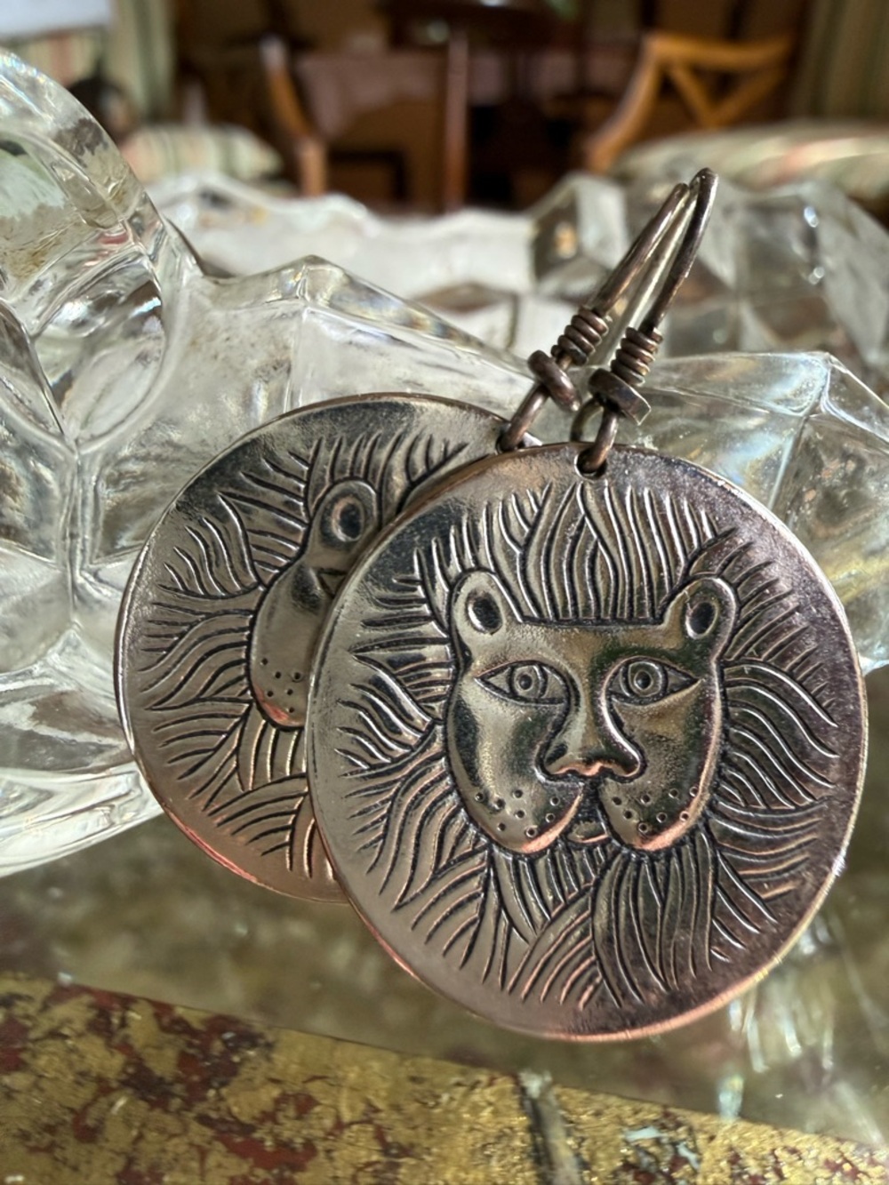 Laurel Burch “Marsh Lion” Earrings Lion Face Round Silver-Tone Dangle Earrings